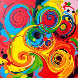 A vibrant, colorful abstract painting featuring swirling patterns and dynamic shapes that evoke a sense of movement and energy
