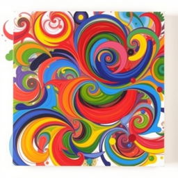 A vibrant, colorful abstract painting featuring swirling patterns and dynamic shapes that evoke a sense of movement and energy