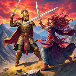 A vivid epic scene depicting the battle between the young Siavash and Gourdafarid from the Shahnameh