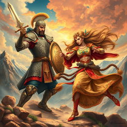 A vivid epic scene depicting the battle between the young Siavash and Gourdafarid from the Shahnameh