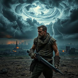 A dramatic and intense doomsday-themed profile picture, featuring a desolate landscape with dark ominous clouds swirling above