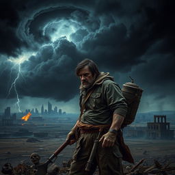 A dramatic and intense doomsday-themed profile picture, featuring a desolate landscape with dark ominous clouds swirling above