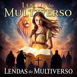A captivating book cover for "Lendas do Multiverso" featuring a central character, a young woman with flowing hair, wearing a traditional ancient Israeli dress