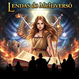 A captivating book cover for "Lendas do Multiverso" featuring a central character, a young woman with flowing hair, wearing a traditional ancient Israeli dress