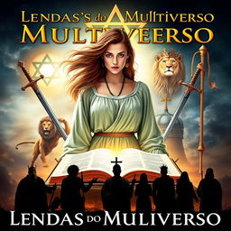A captivating book cover for "Lendas do Multiverso" featuring a central character, a young woman with flowing hair, wearing a traditional ancient Israeli dress