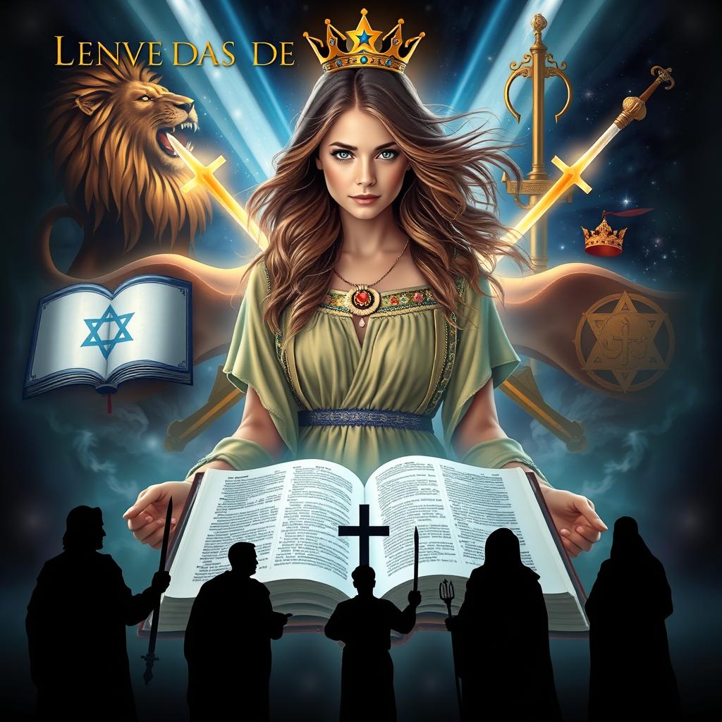 A captivating book cover for "Lendas do Multiverso" featuring a central character, a young woman with flowing hair, wearing a traditional ancient Israeli dress