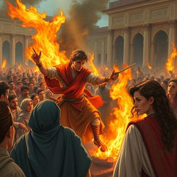 A scene depicting the heroic figure of Siavash crossing fire in a grand square filled with onlookers, inspired by the Shahnameh