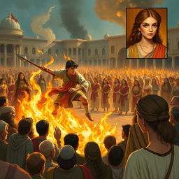 A scene depicting the heroic figure of Siavash crossing fire in a grand square filled with onlookers, inspired by the Shahnameh