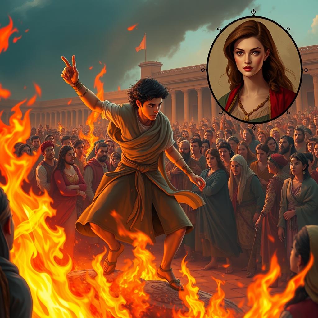 A scene depicting the heroic figure of Siavash crossing fire in a grand square filled with onlookers, inspired by the Shahnameh