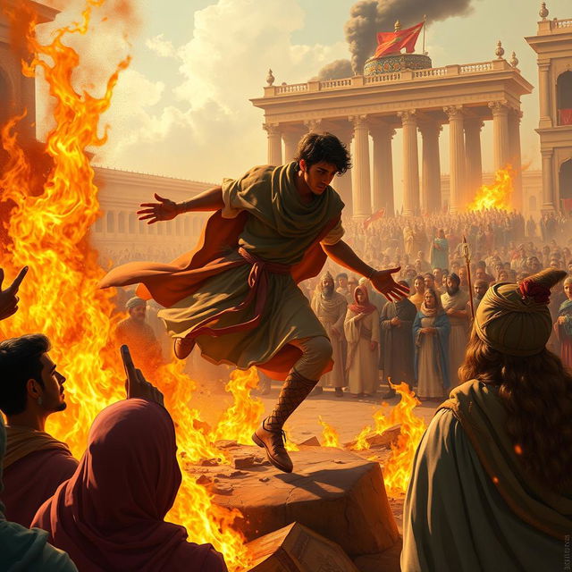 A scene depicting the heroic figure of Siavash crossing fire in a grand square filled with onlookers, inspired by the Shahnameh