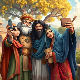 An enchanting scene featuring the legendary Persian hero Rostam alongside Siawush and Rudabeh, the iconic characters from the Shahnameh