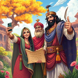 An enchanting scene featuring the legendary Persian hero Rostam alongside Siawush and Rudabeh, the iconic characters from the Shahnameh