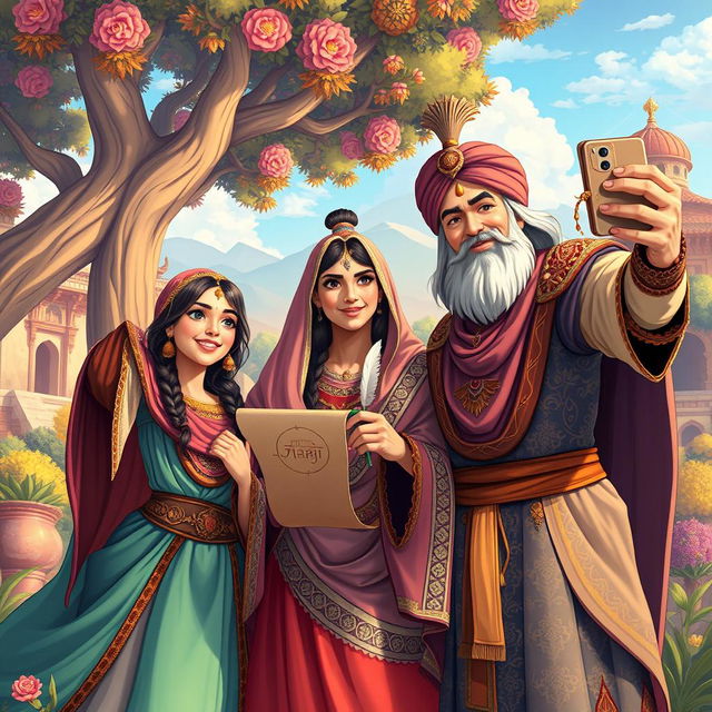 An enchanting scene featuring the legendary Persian hero Rostam alongside Siawush and Rudabeh, the iconic characters from the Shahnameh