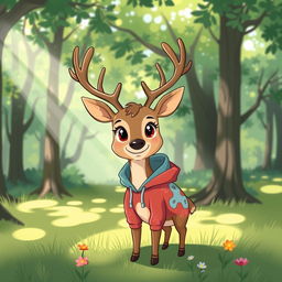 A whimsical illustration of a deer wearing a stylish hoodie