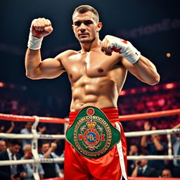 A muscular and confident male boxer stands in the center of a professional boxing ring, showcasing his impressive physique