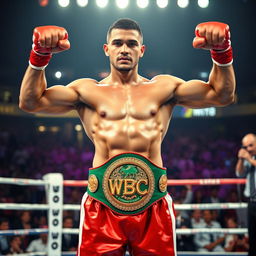 A muscular and confident male boxer stands in the center of a professional boxing ring, showcasing his impressive physique