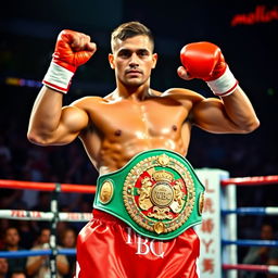 A muscular and confident male boxer stands in the center of a professional boxing ring, showcasing his impressive physique