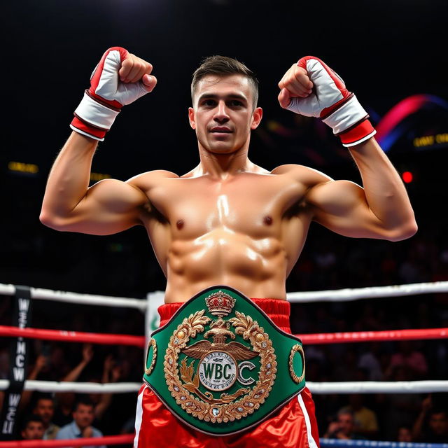 A muscular and confident male boxer stands in the center of a professional boxing ring, showcasing his impressive physique