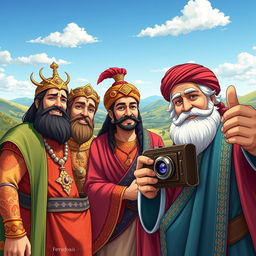 A vibrant and detailed scene featuring the legendary Persian hero Rostam standing alongside Siavash and Rudabeh, all from ancient Persian tales depicted in Shahnameh