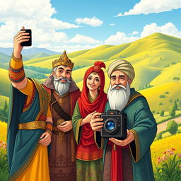 A vibrant and detailed scene featuring the legendary Persian hero Rostam standing alongside Siavash and Rudabeh, all from ancient Persian tales depicted in Shahnameh