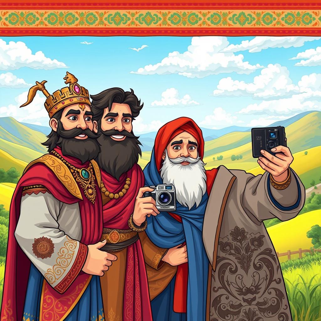 A vibrant and detailed scene featuring the legendary Persian hero Rostam standing alongside Siavash and Rudabeh, all from ancient Persian tales depicted in Shahnameh