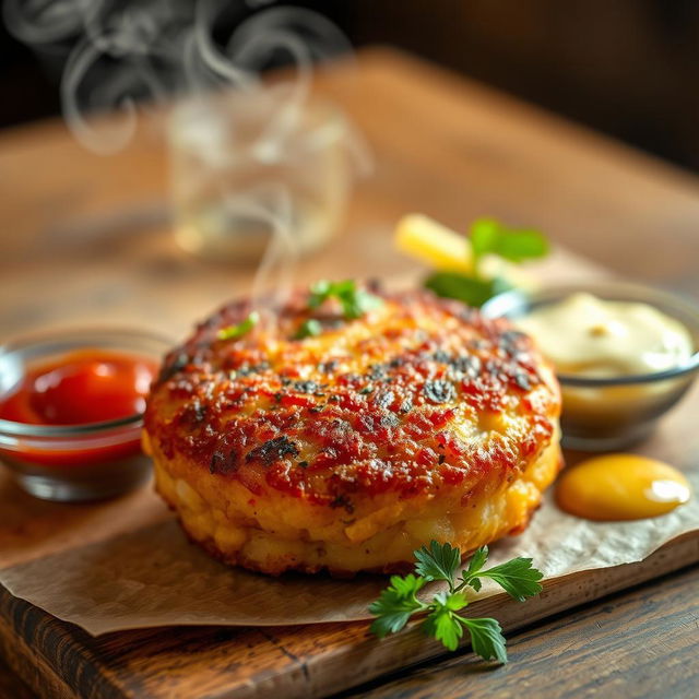 A close-up shot of a perfectly cooked 90-gram potato patty with a crispy golden-brown exterior, garnished with fresh herbs, resting on a rustic wooden table