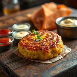 A close-up shot of a perfectly cooked 90-gram potato patty with a crispy golden-brown exterior, garnished with fresh herbs, resting on a rustic wooden table