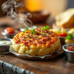 A close-up shot of a perfectly cooked 90-gram potato patty with a crispy golden-brown exterior, garnished with fresh herbs, resting on a rustic wooden table