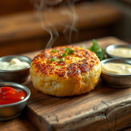 A close-up shot of a perfectly cooked 90-gram potato patty with a crispy golden-brown exterior, garnished with fresh herbs, resting on a rustic wooden table