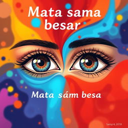 A visually striking representation of the phrase "Mata sama besar" illustrating two eyes that are identical in size, intricately designed with detailed eyelashes and reflections showing a unique perspective