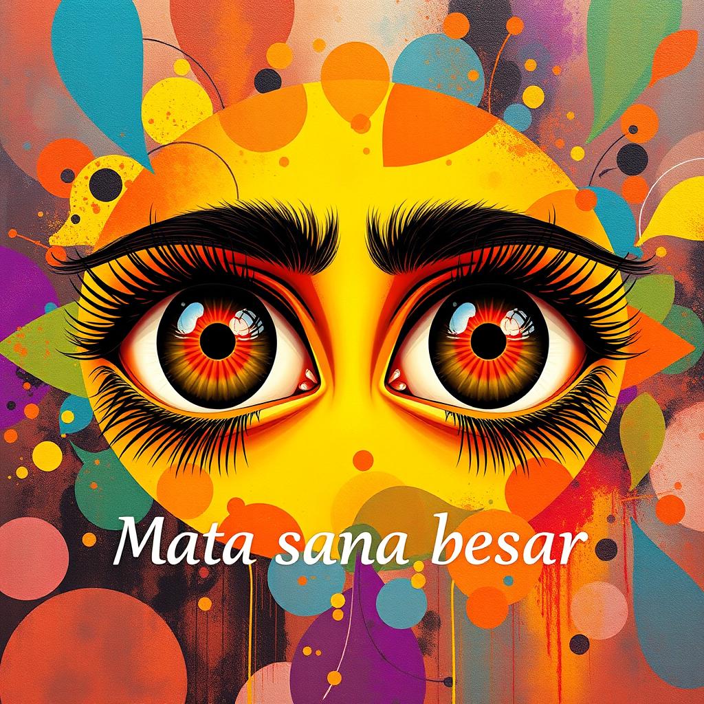 A visually striking representation of the phrase "Mata sama besar" illustrating two eyes that are identical in size, intricately designed with detailed eyelashes and reflections showing a unique perspective