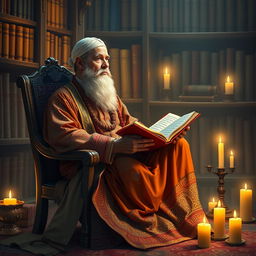 The great Persian poet Ferdowsi sitting on a chair, immersed in reading a book while looking thoughtfully to the left
