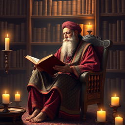 The great Persian poet Ferdowsi sitting on a chair, immersed in reading a book while looking thoughtfully to the left