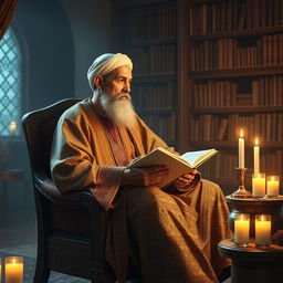 The great Persian poet Ferdowsi sitting on a chair, immersed in reading a book while looking thoughtfully to the left