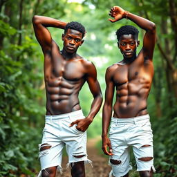 Two athletic black teenage boys in ripped white shorts, one with his hand inside his shorts and the other with his arm raised above his head, posing like models in a forest
