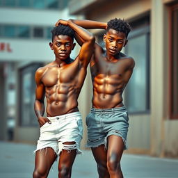 Two athletic black teenage boys wearing ripped short white shorts, posing like models with a confident stance