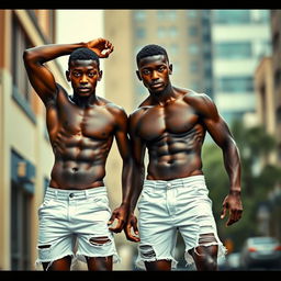 Two athletic black teenage boys wearing ripped short white shorts, posing like models with a confident stance