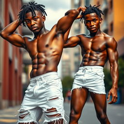 Two athletic black teenage boys wearing ripped short white shorts, posing like models with a confident stance