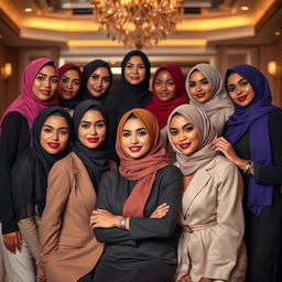 A glamorous photoshoot featuring a group of fashionable women in stylish hijabs, all exuding confidence and beauty