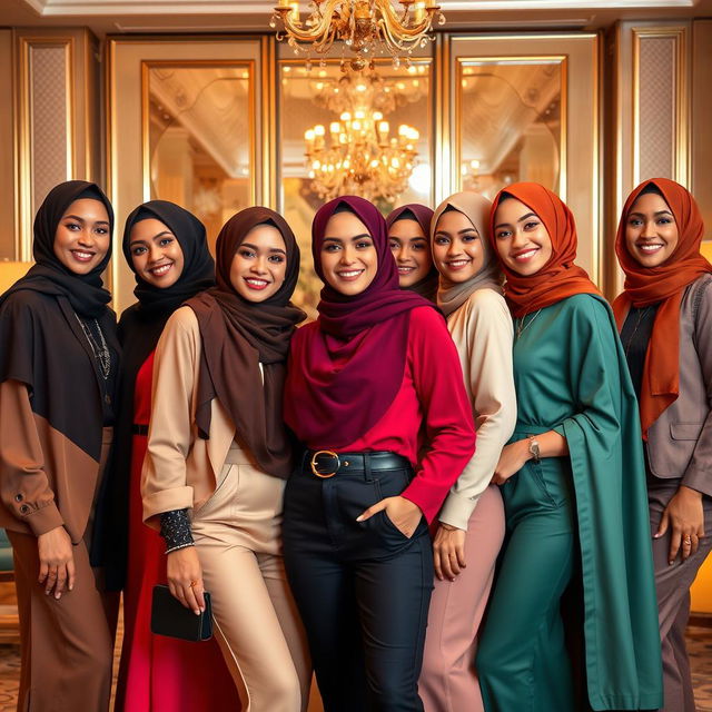 A glamorous photoshoot featuring a group of fashionable women in stylish hijabs, all exuding confidence and beauty