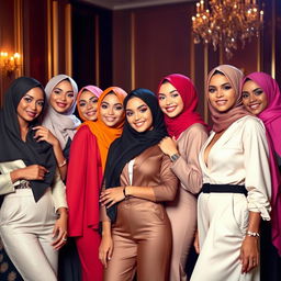 A glamorous photoshoot featuring a group of fashionable women in stylish hijabs, all exuding confidence and beauty