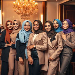 A glamorous photoshoot featuring a group of fashionable women in stylish hijabs, all exuding confidence and beauty