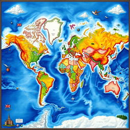 A highly detailed world map with vivid colors and intricate designs, measuring 10000x10000 pixels