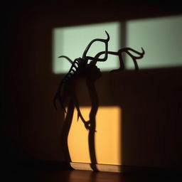 An artistic interpretation of a dramatic shadow cast by a unique, abstract sculpture on a textured wall