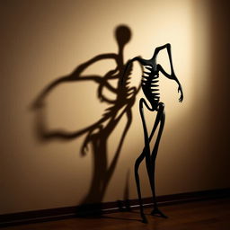 An artistic interpretation of a dramatic shadow cast by a unique, abstract sculpture on a textured wall