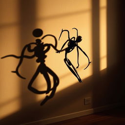 An artistic interpretation of a dramatic shadow cast by a unique, abstract sculpture on a textured wall