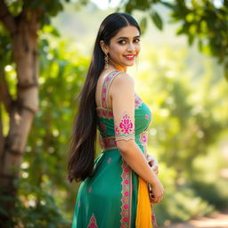 A stunning young woman wearing a sexy kameez shalwar, elegantly styled with intricate embroidery and vibrant colors