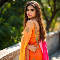 A stunning young woman wearing a sexy kameez shalwar, elegantly styled with intricate embroidery and vibrant colors