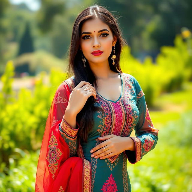 A stunning young woman wearing a sexy kameez shalwar, elegantly styled with intricate embroidery and vibrant colors