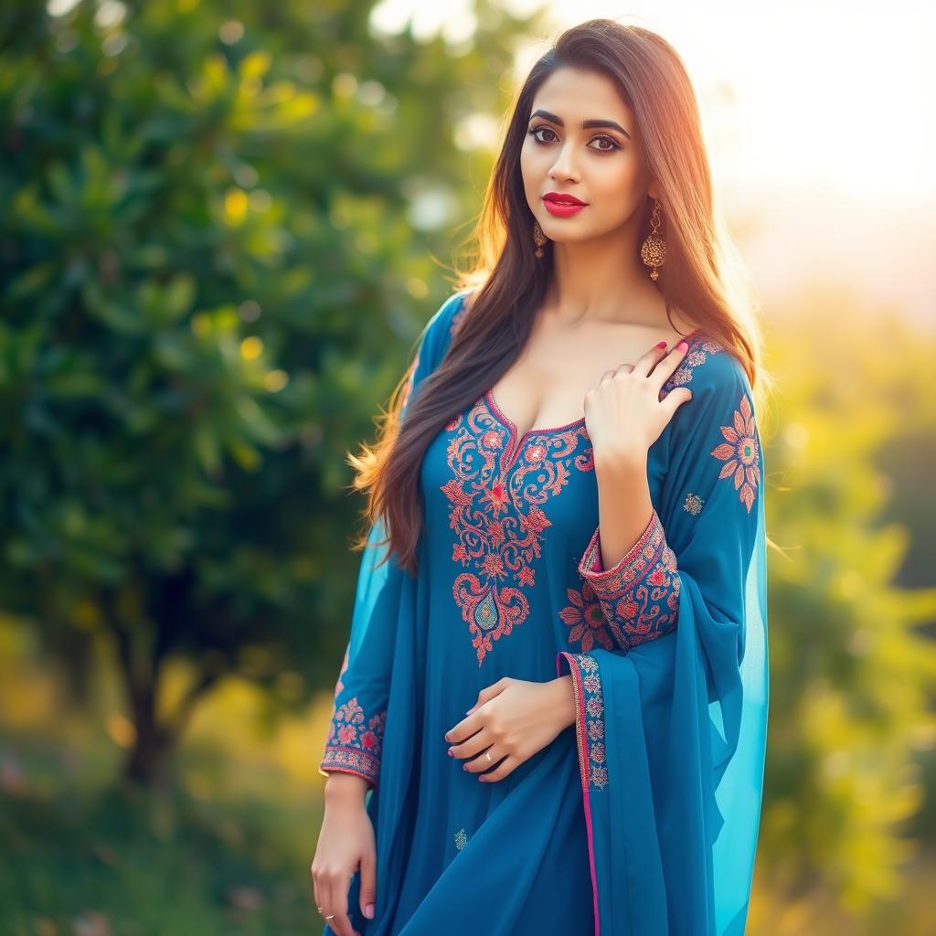 A stunning young woman wearing a sexy kameez shalwar, elegantly styled with intricate embroidery and vibrant colors
